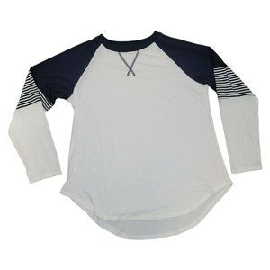 Mens Long Sleeve Henley Curve Extended Hem T-Shirt  Large White and Blue